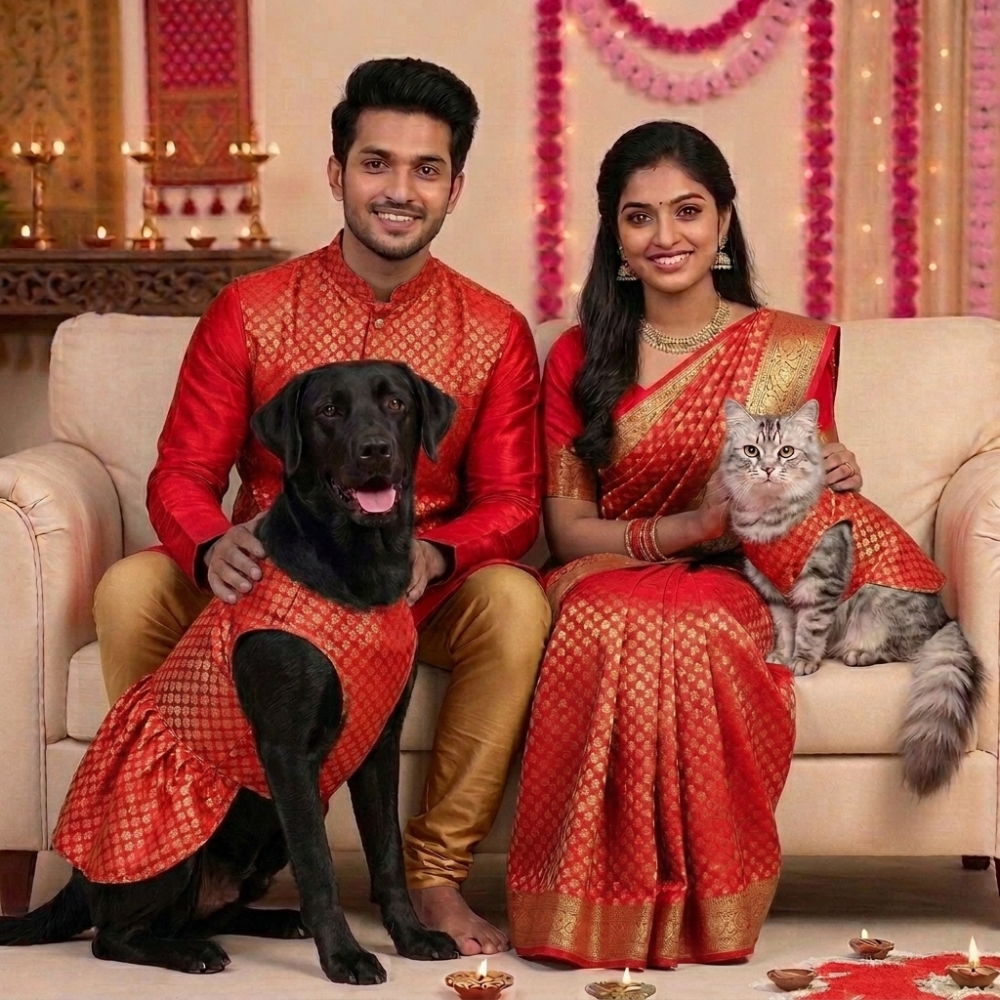 Skatrs Brocade Gold Printed Dress for Dogs and Cats (Red) Both-Clothing & Accessories Skatrs