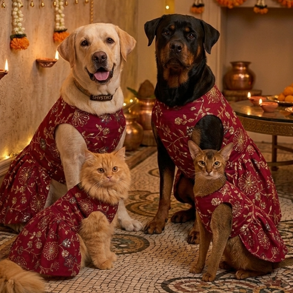 Skatrs Maharani Handcrafted Lehenga Dress for Dogs and Cats (Fuchsia)