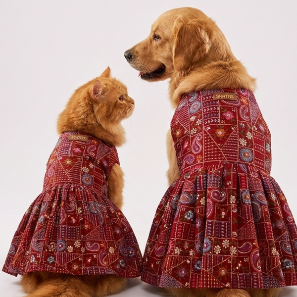 Skatrs Maharani Handcrafted Lehenga Dress for Dogs and Cats (Crimson Red)