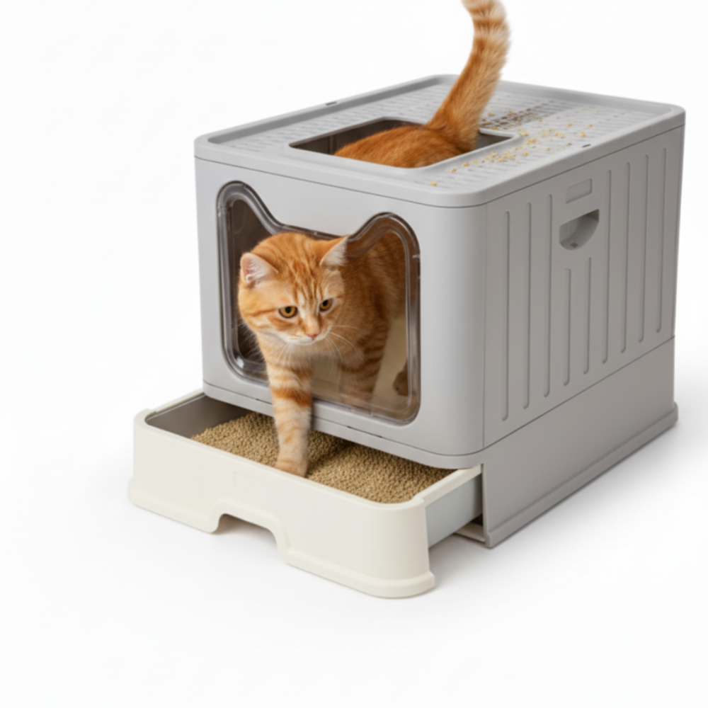 Skatrs Foldable Covered Cat Litter Box with Anti-Spill Tray Easy Cleaning Spacious Design Top and Side Openings Litter Tray for Cats and Kittens Litter Supplies Skatrs 48x39x27cm