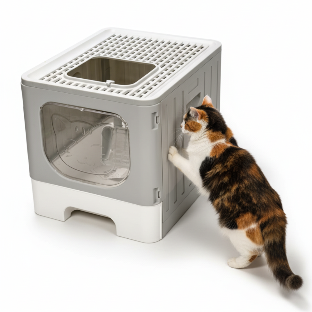 Skatrs Foldable Covered Cat Litter Box with Anti-Spill Tray Easy Cleaning Spacious Design Top and Side Openings Litter Tray for Cats and Kittens Litter Supplies Skatrs