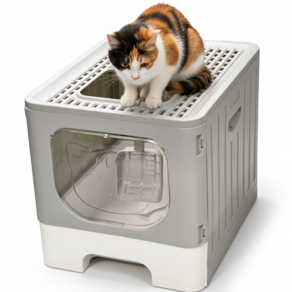 Skatrs Foldable Covered Cat Litter Box with Anti-Spill Tray Easy Cleaning Spacious Design Top and Side Openings Litter Tray for Cats and Kittens Litter Supplies Skatrs