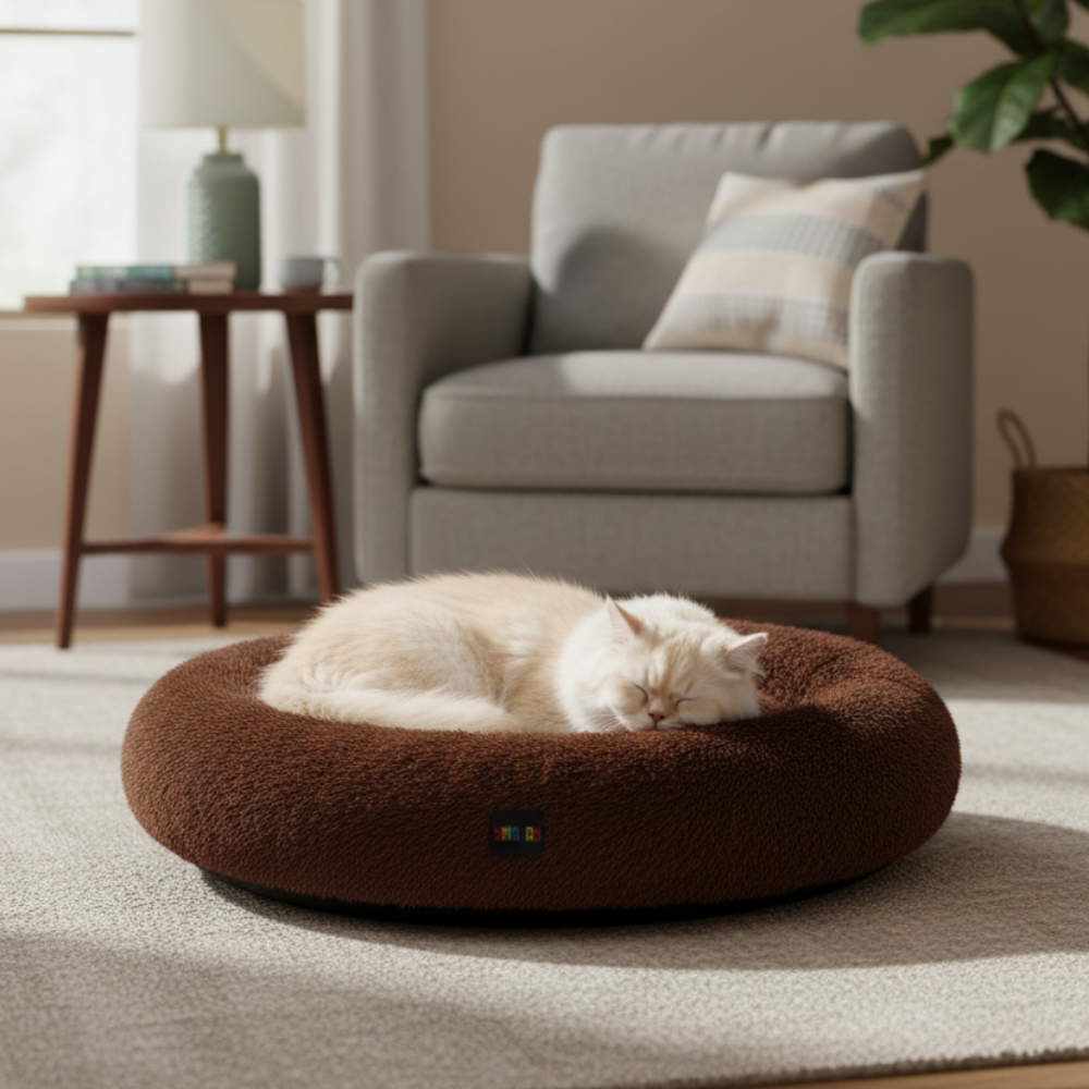 Skatrs Round Donut Bed for Cats and Small and Medium Dogs (Brown) Both-Bedding, Mats & Travel Supplies Skatrs