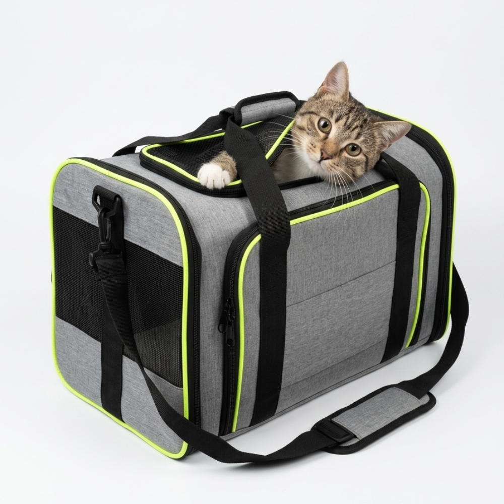 Skatrs Foldable Expandable Pet Travel Carrier Bag for Small Dogs, Adult Cats & Kittens (Grey with Neon Green) Both-Bedding, Mats & Travel Supplies Skatrs
