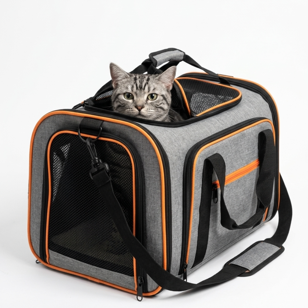 Skatrs Foldable Expandable Pet Travel Carrier Bag for Small Dogs, Adult Cats & Kittens (Grey with Orange) Both-Bedding, Mats & Travel Supplies Skatrs
