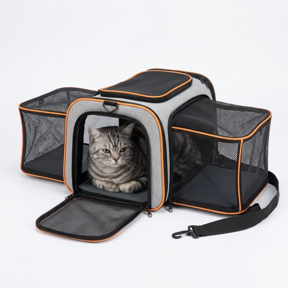 Skatrs Foldable Expandable Pet Travel Carrier Bag for Small Dogs, Adult Cats & Kittens (Grey with Orange) Both-Bedding, Mats & Travel Supplies Skatrs 18.5 Inch X 11 Inch X 11 Inch