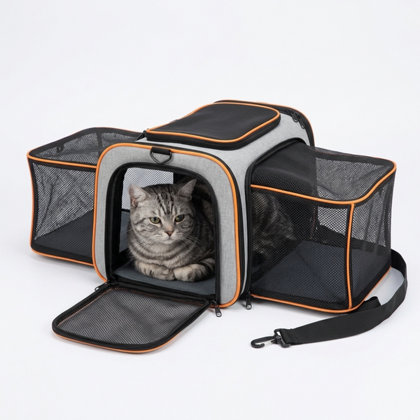Skatrs Foldable Expandable Pet Travel Carrier Bag for Small Dogs, Adult Cats & Kittens (Grey with Orange)