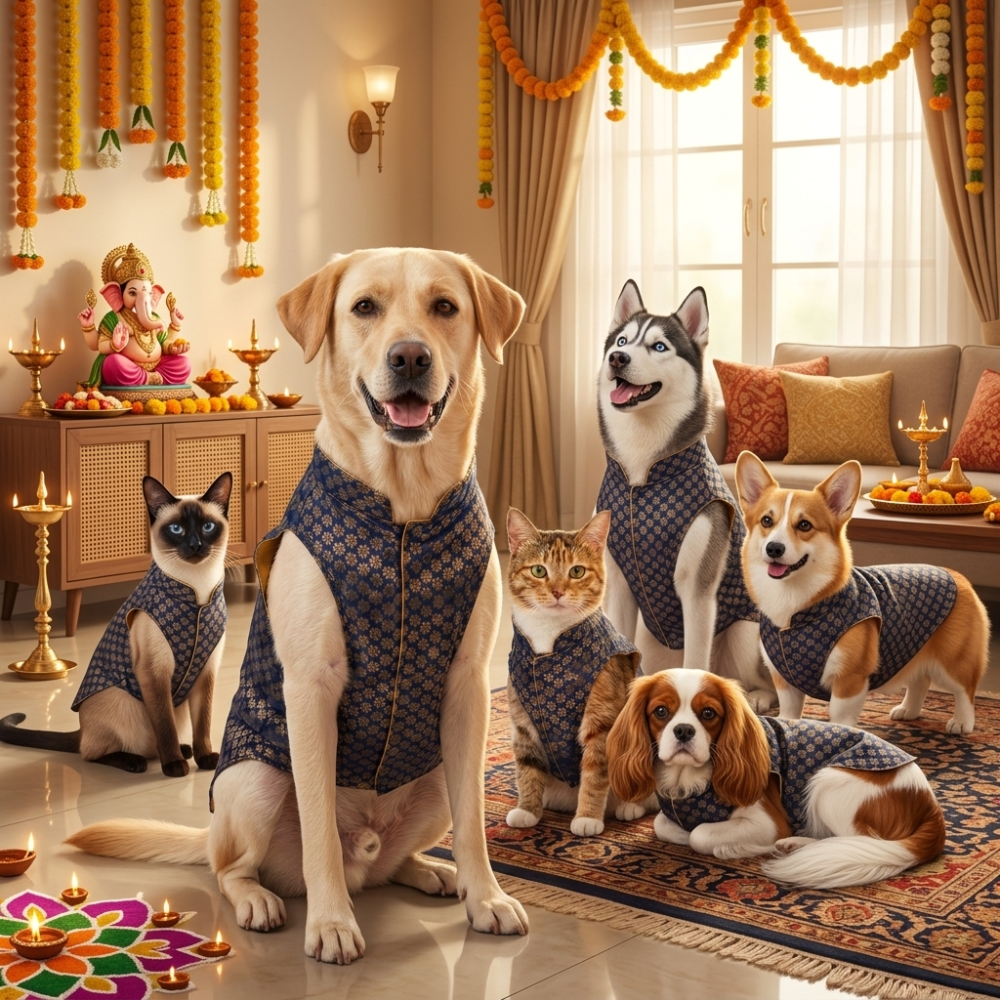 Skatrs Brocade Gold Printed Sherwani for Dogs and Cats (Blue) Both-Clothing & Accessories Skatrs