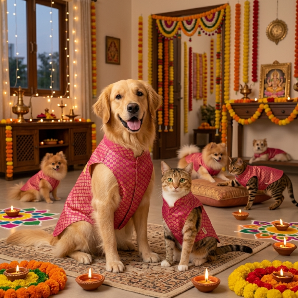 Skatrs Brocade Gold Printed Sherwani for Dogs and Cats (Pink) Both-Clothing & Accessories Skatrs