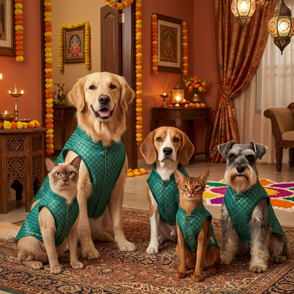 Skatrs Brocade Gold Printed Sherwani for Dogs and Cats (Teal) Both-Clothing & Accessories Skatrs