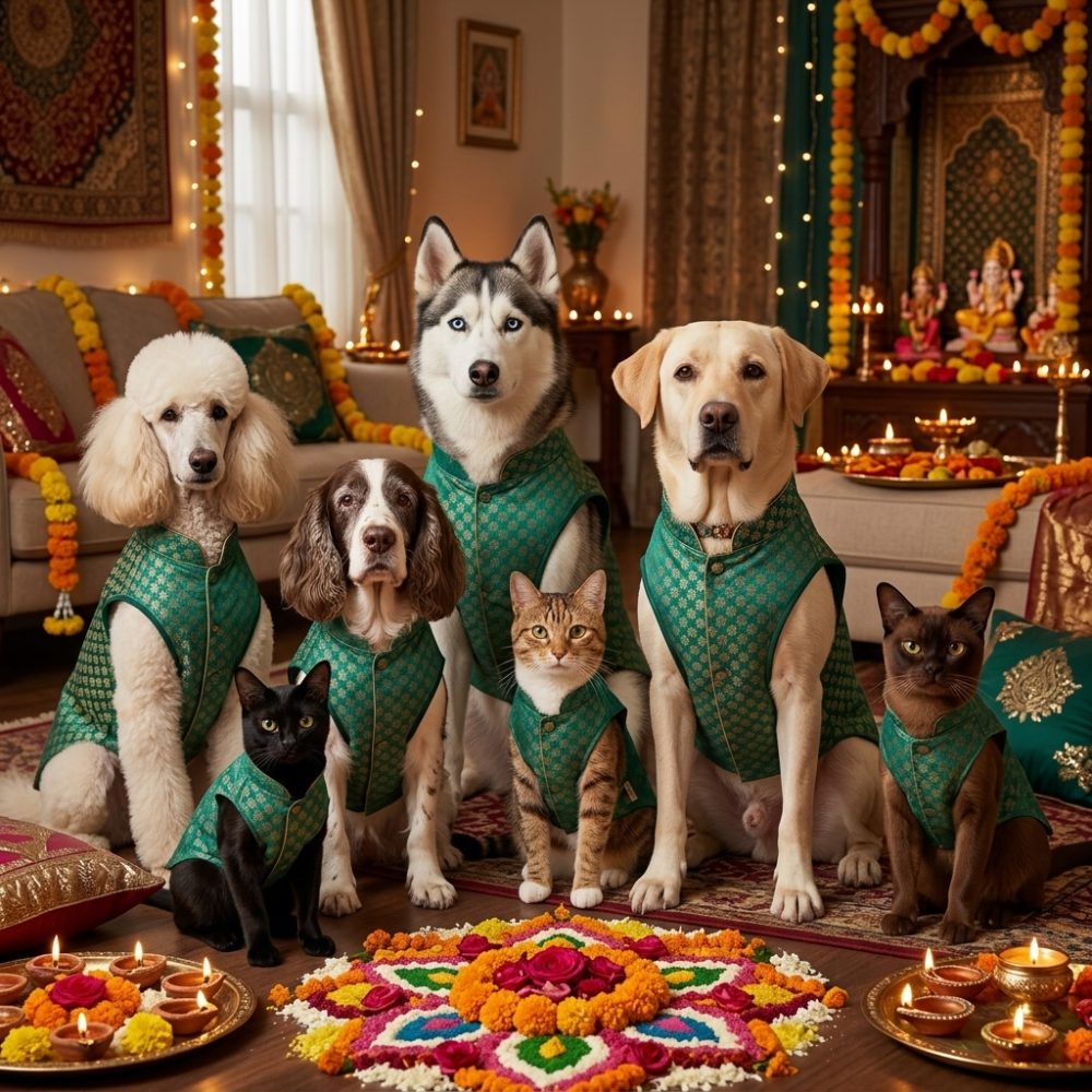 Skatrs Brocade Gold Printed Sherwani for Dogs and Cats (Teal) Both-Clothing & Accessories Skatrs