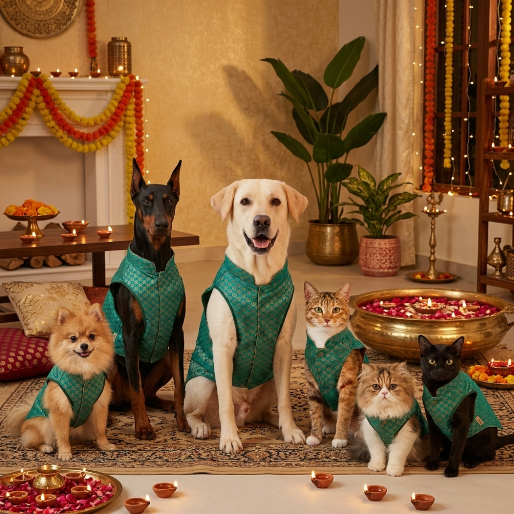 Skatrs Brocade Gold Printed Sherwani for Dogs and Cats (Teal) Both-Clothing & Accessories Skatrs