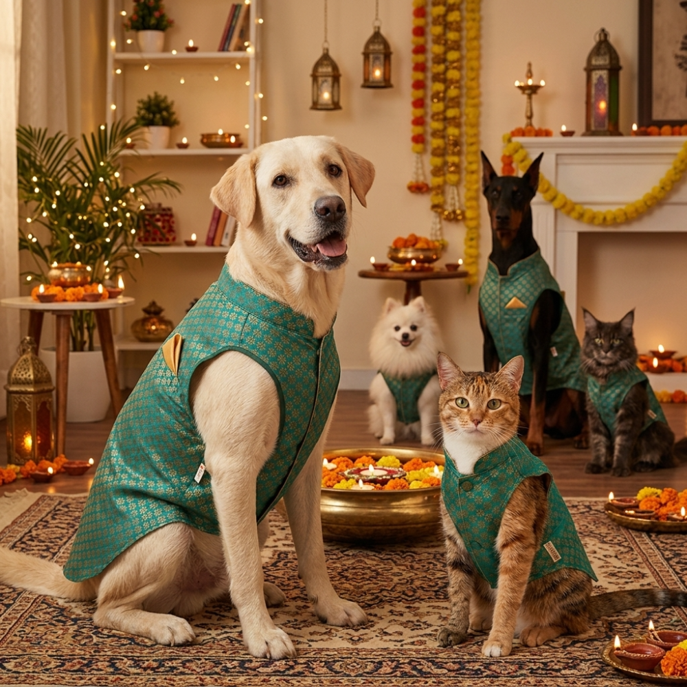 Skatrs Brocade Gold Printed Sherwani for Dogs and Cats (Teal) Both-Clothing & Accessories Skatrs