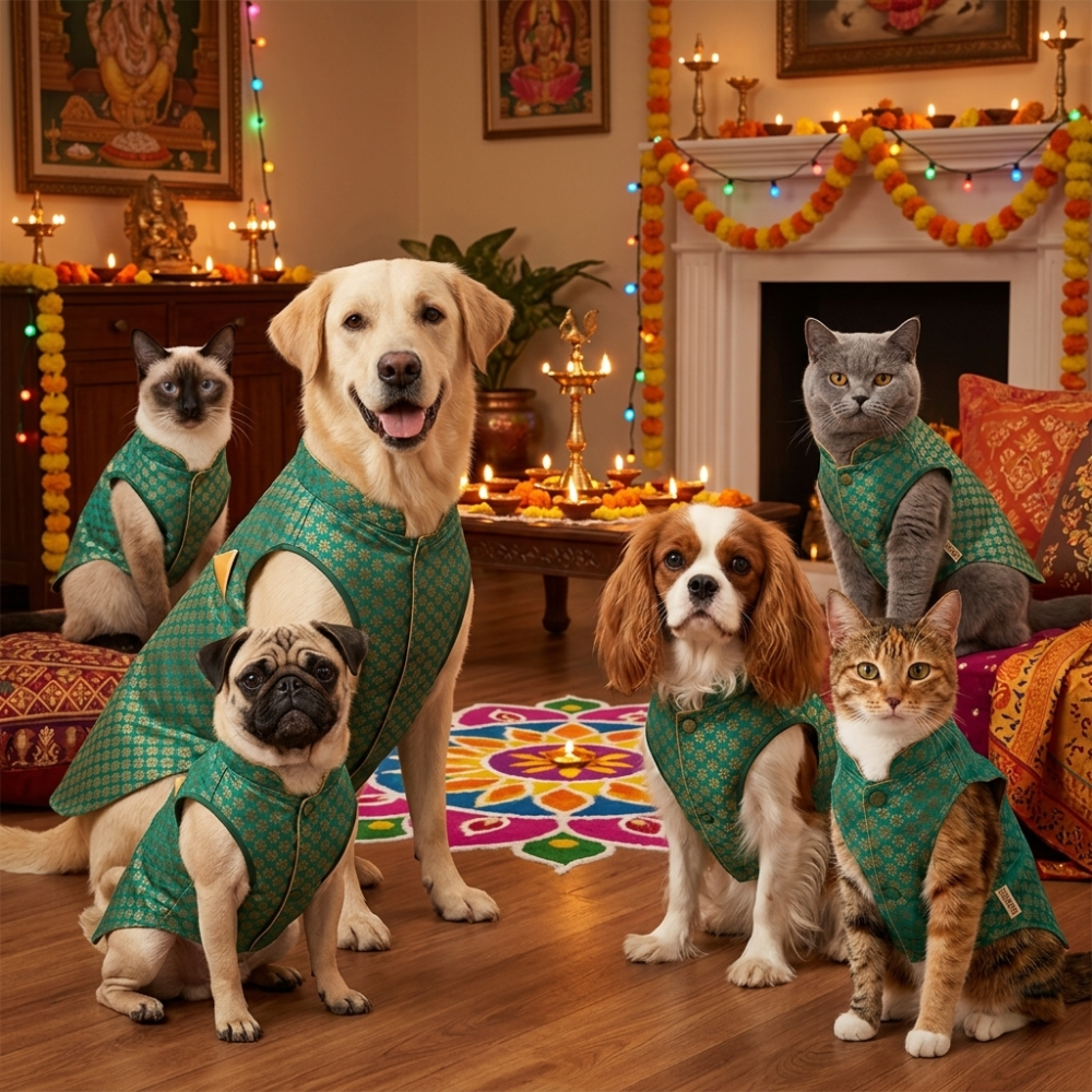 Skatrs Brocade Gold Printed Sherwani for Dogs and Cats (Teal) Both-Clothing & Accessories Skatrs