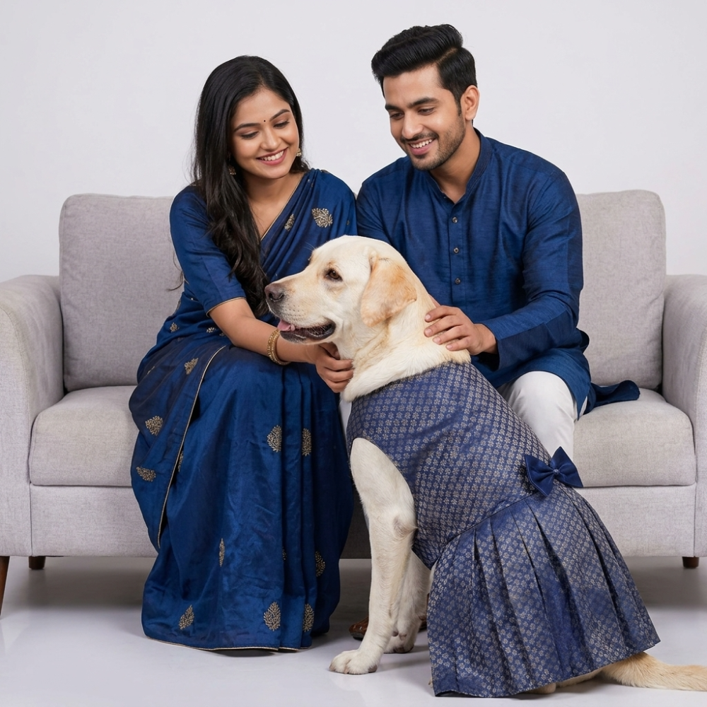Skatrs Brocade Gold Printed Dress for Dogs and Cats (Blue) Both-Clothing & Accessories Skatrs