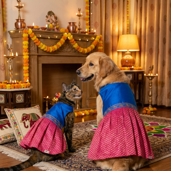 Skatrs Ethnic Lehenga Dress for Dogs and Cats (Royal Pink & Blue)