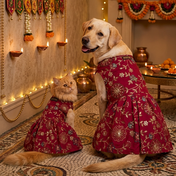 Skatrs Maharani Handcrafted Lehenga Dress for Dogs and Cats (Fuchsia)