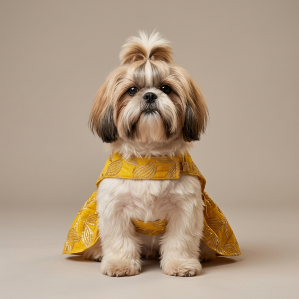 Skatrs Maharani Handcrafted Lehenga Dress for Dogs and Cats (Sunshine Gold)