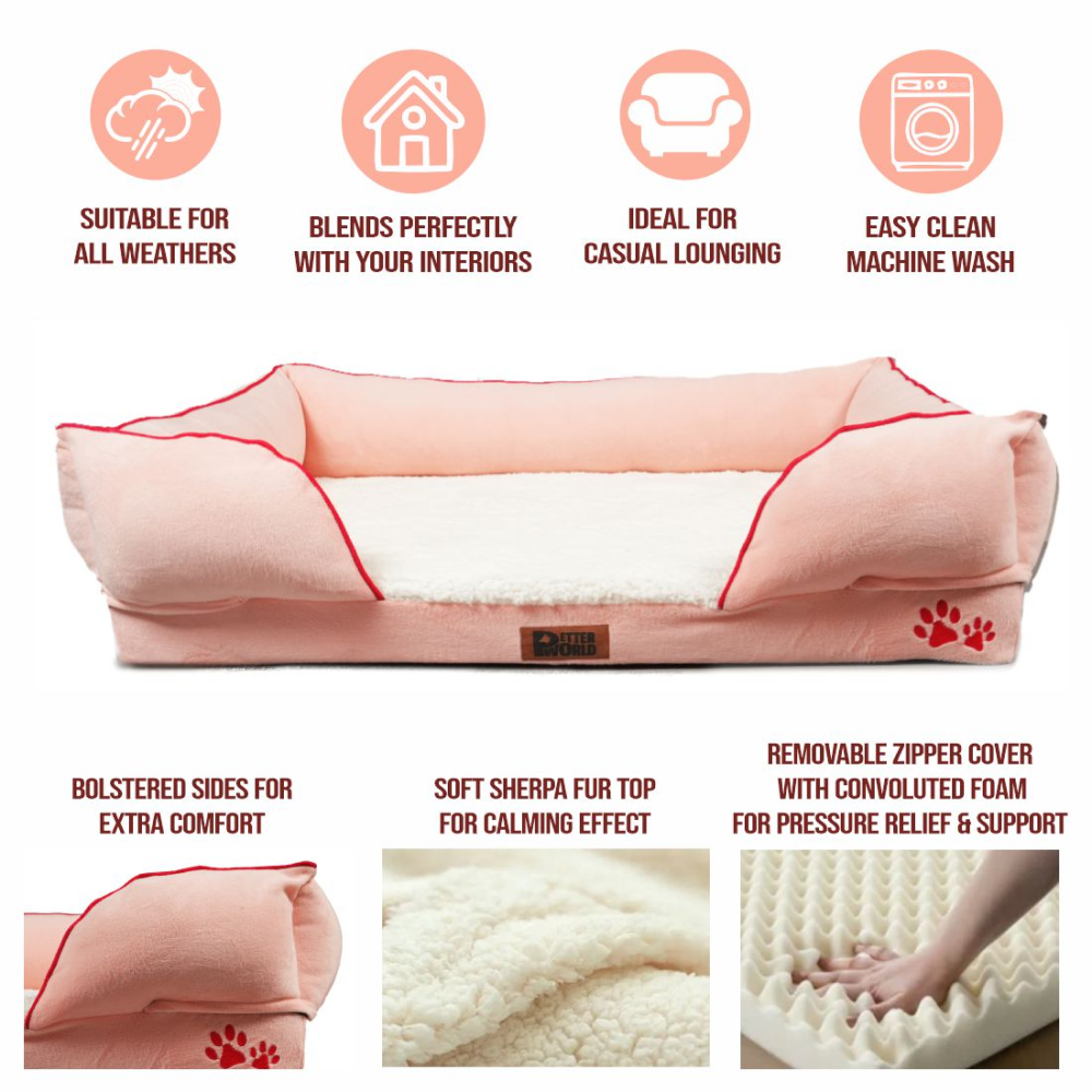 Petter World Ultra Luxury Micro Fur Orthopedic Sofa Bed with Sherpa Fur Cushion for Dogs and Cats (Peach Pearl)