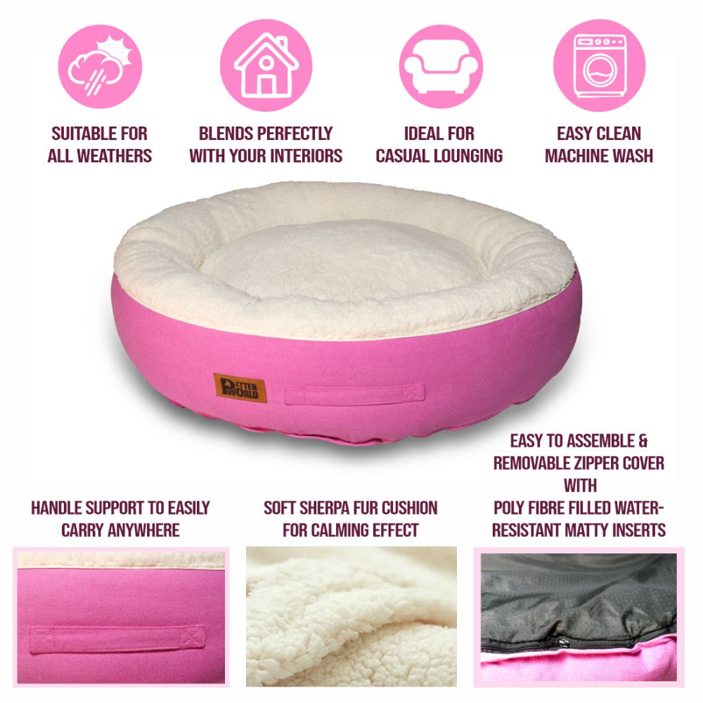 Petter World Ultra Luxury Cotton Canvas Donut Bed With Removable Sherpa Fur Cushion for Dogs (Crocus)