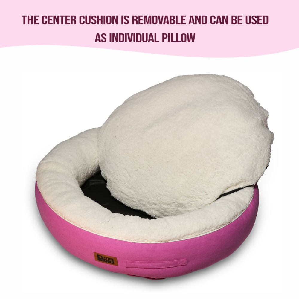 Petter World Ultra Luxury Cotton Canvas Donut Bed With Removable Sherpa Fur Cushion for Dogs (Crocus)