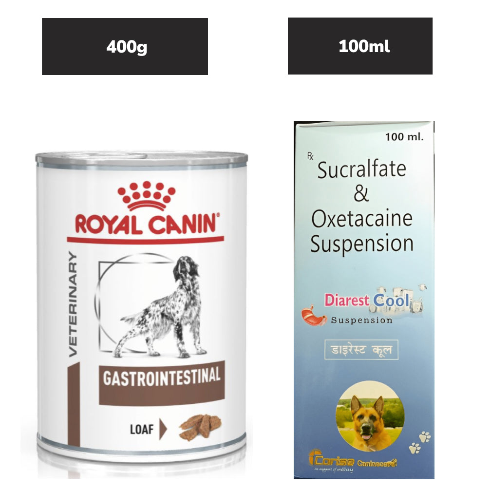 Royal Canin Veterinary Diet Gastrointestinal Dog Wet Food (400g) and Corise Diarest Cool Syrup (Sucralfate & Oxetacaine) (100ml) Combo Dogs-Pharmacy Exclusive Combo 400g + 100ml
