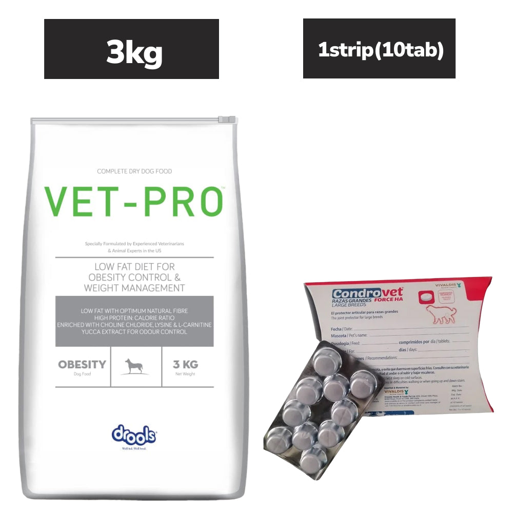 Drools VET PRO Obesity Adult Dog Dry Food (3kg) and Vivaldis Condrovet Large Joint Support tablet (10 tablets) Combo Dogs-Pharmacy Exclusive Combo 3kg