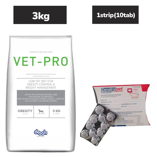 Drools VET PRO Obesity Adult Dog Dry Food (3kg) and Vivaldis Condrovet Large Joint Support tablet (10 tablets) Combo