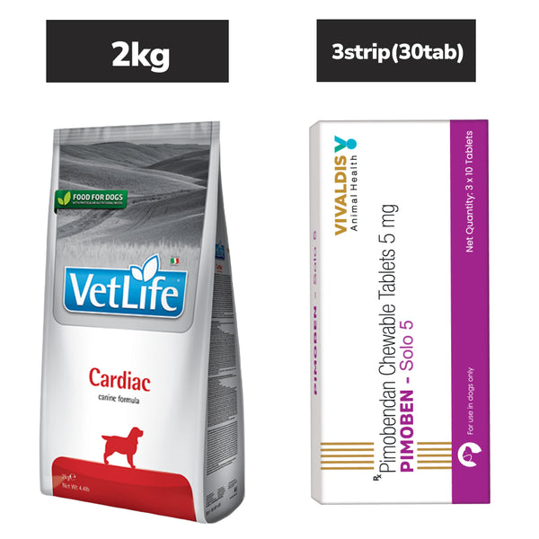 Farmina Vet Life Cardiac Canine Formula Adult Dog Dry Food (2kg) and Vivaldis Pimoben (Pimobendan) Solo 5mg Tablet for Dogs (pack of 30 tablets) Combo