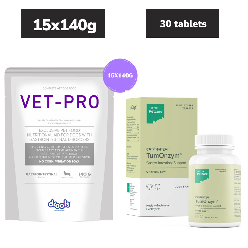 Drools VET PRO Gastro Pet Wet Food for Dogs (15x140g) and Hester Tumonzym Tablet Gastrointestinal Support (pack of 30 Tablets) Dogs-Pharmacy Exclusive Combo 15x140g + 30 tablets