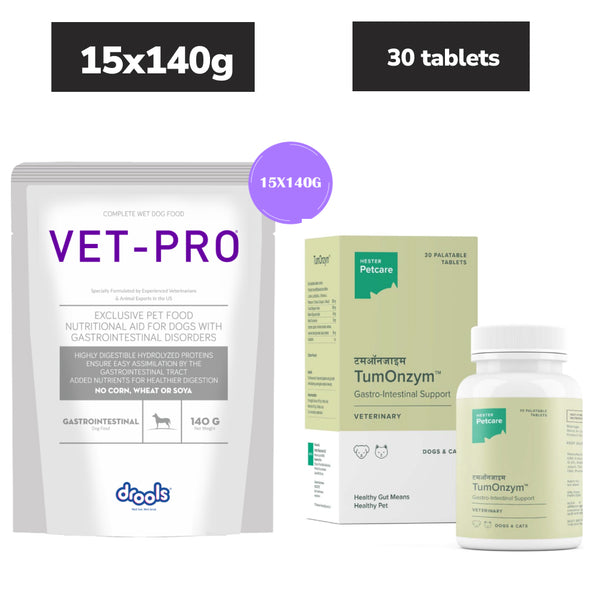 Drools VET PRO Gastro Pet Wet Food for Dogs (15x140g) and Hester Tumonzym Tablet Gastrointestinal Support (pack of 30 Tablets)