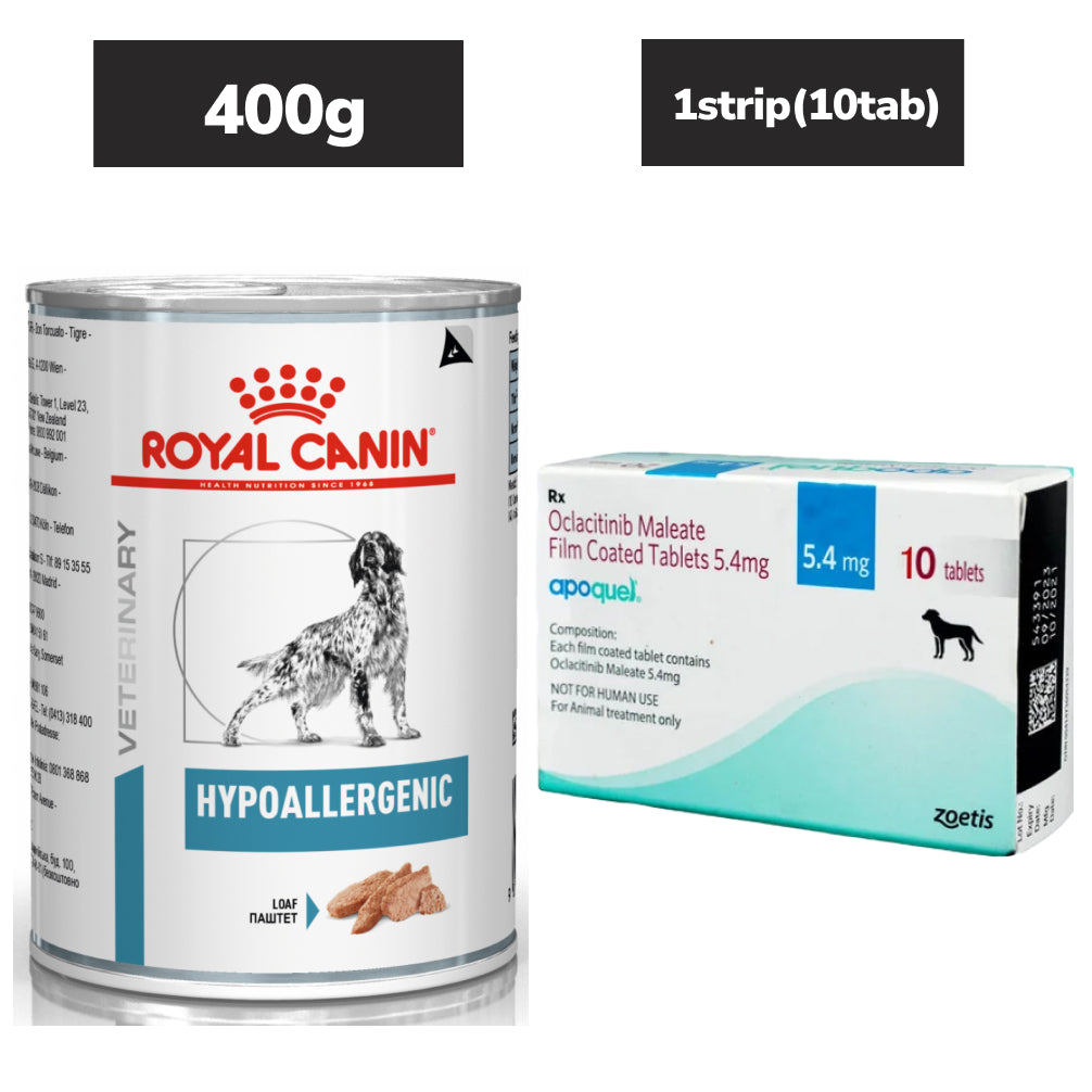 Royal Canin Veterinary Diet Hypoallergenic Dog Wet Food (400g) and Zoetis Apoquel (Oclacitinib) 5.4mg Tablet for Dogs (pack of 10 tablets) Dogs-Pharmacy Exclusive Combo 400g + 1 strip(10 tablets)