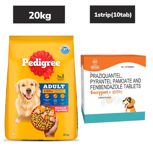 Pedigree Chicken and Vegetables Adult Dog Dry Food (20kg) and Intas Eazypet Dog Deworming Tablet (pack of 10 tablets)