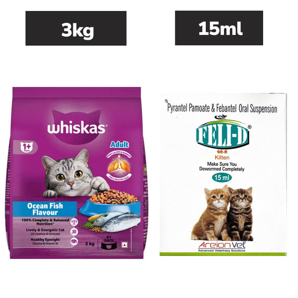 Whiskas Ocean Fish Flavour Adult Cat Dry Food (3kg) and Areion Vet Feli D Kitten Deworming Suspension (15ml)