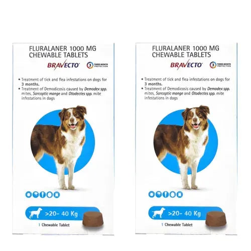 MSD Animal Health Bravecto 1000mg (Fluralaner) Dog Tick & Flea Control Tablet (20 to 40 kg) (1 tablet) Dogs-Pharmacy MSD Animal Health Pharmacy 20-40kg (2 Tablets)