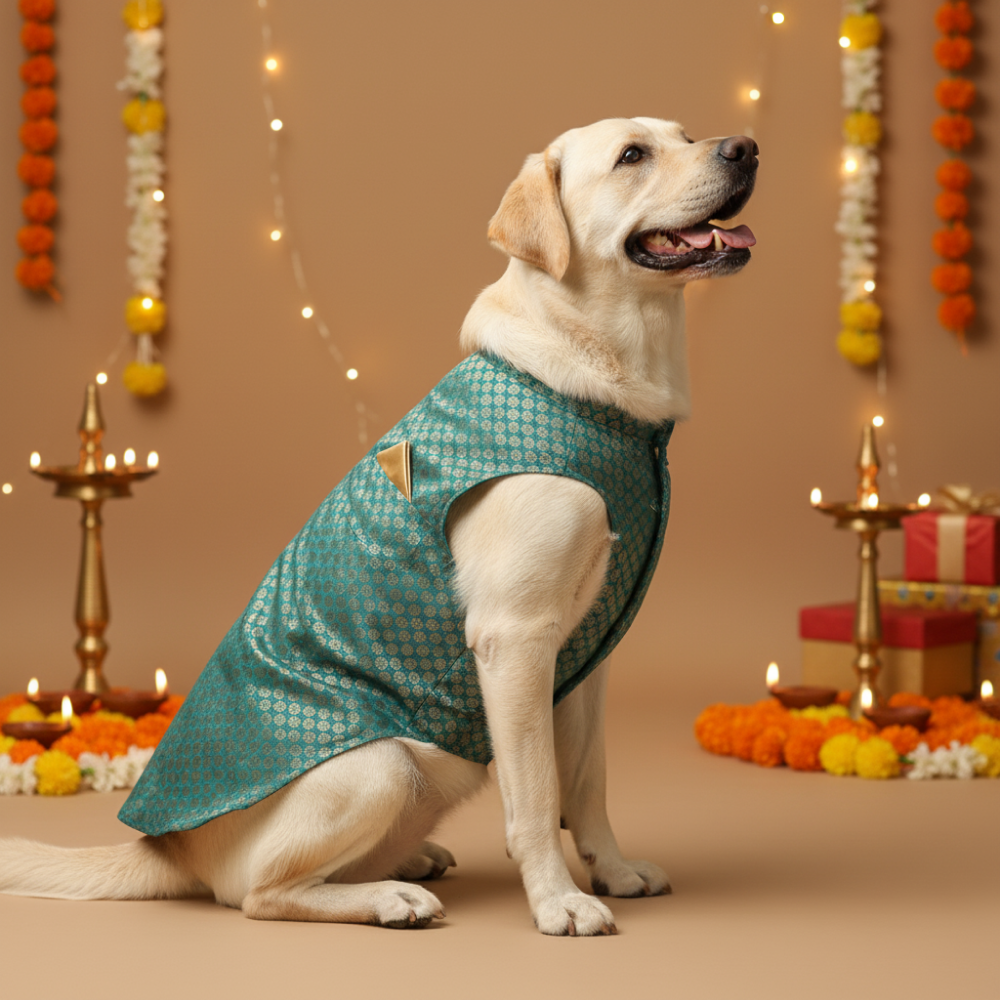 Skatrs Brocade Gold Printed Sherwani for Dogs and Cats (Teal) Both-Clothing & Accessories Skatrs