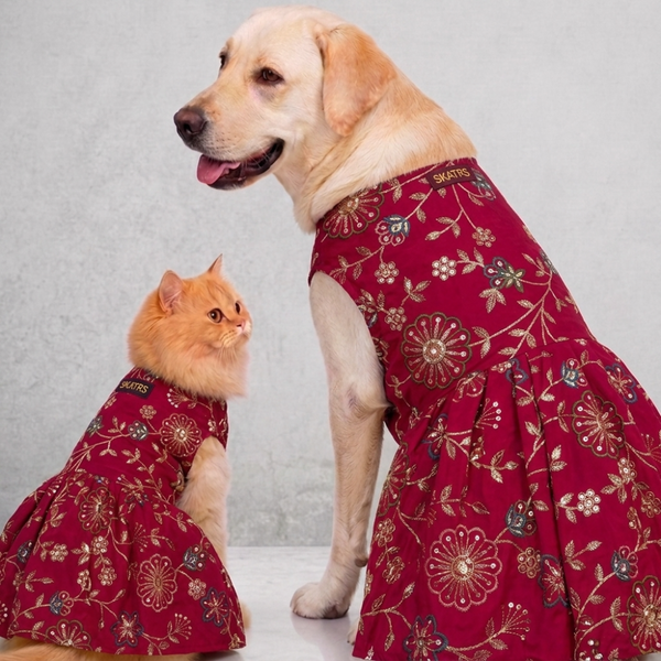 Skatrs Maharani Handcrafted Lehenga Dress for Dogs and Cats (Fuchsia)
