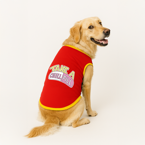 PawsIndia  Take A Chill Pill Printed with Ribbed Sleeves TShirt for Dogs (Red)