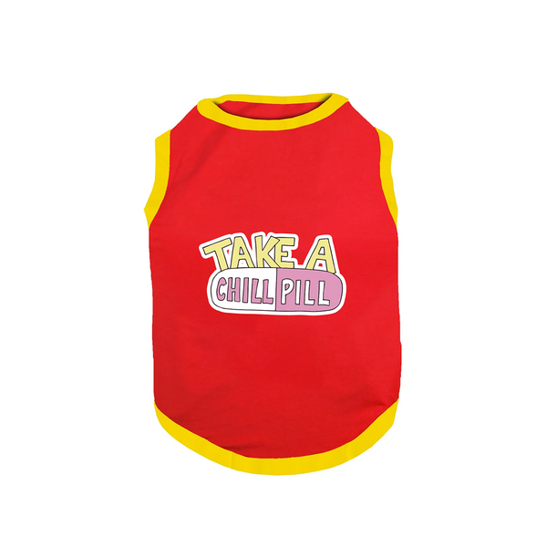 PawsIndia  Take A Chill Pill Printed with Ribbed Sleeves TShirt for Dogs (Red)