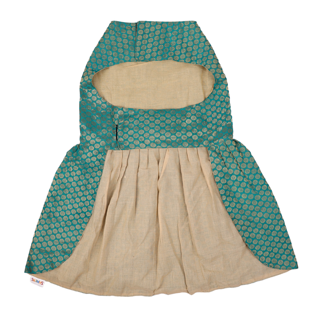 Skatrs Brocade Gold Printed Dress for Dogs and Cats (Teal) Both-Clothing & Accessories Skatrs