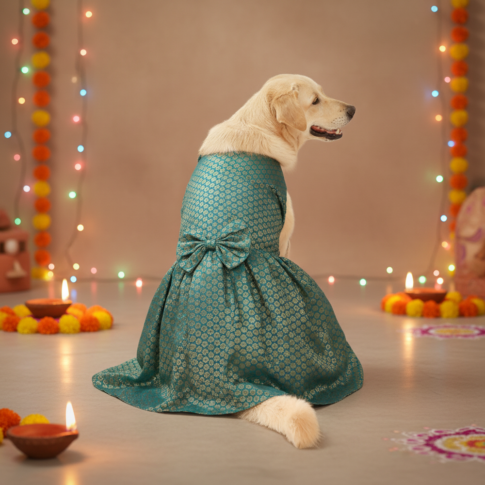 Skatrs Brocade Gold Printed Dress for Dogs and Cats (Teal) Both-Clothing & Accessories Skatrs