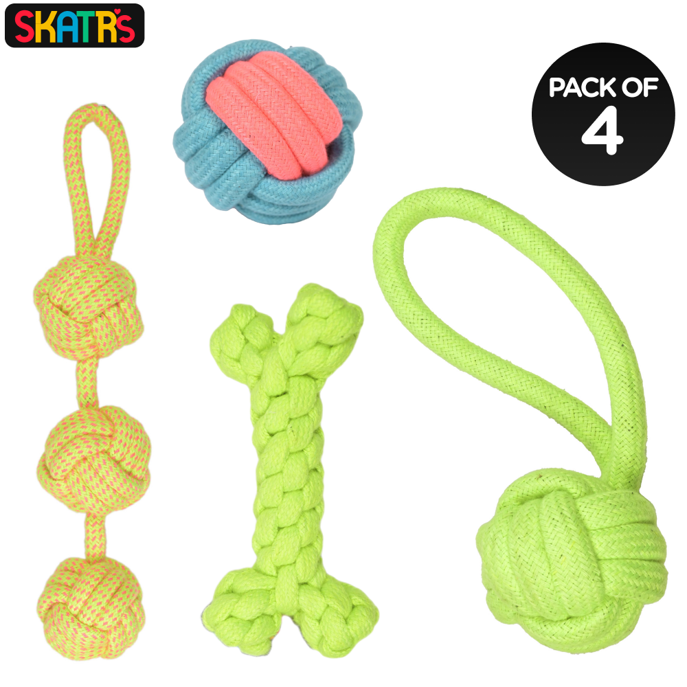 SKATRS 3 Bone Shaped, Knotted Ball with Handle and Ball Shaped Rope Chew Toy for Dogs and Cats Combo