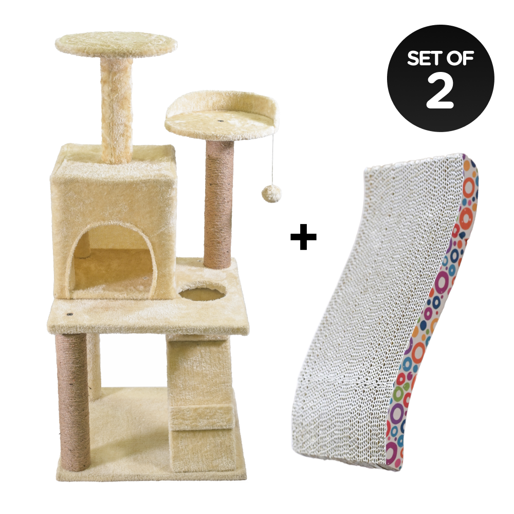 Skatrs Kitty Kastle Multi Level Cat Tree with Condo, Scratching Post, Platform and Ladder Toy and Satisfying Wave Cat Scratcher with 2g Premium Catnip Combo