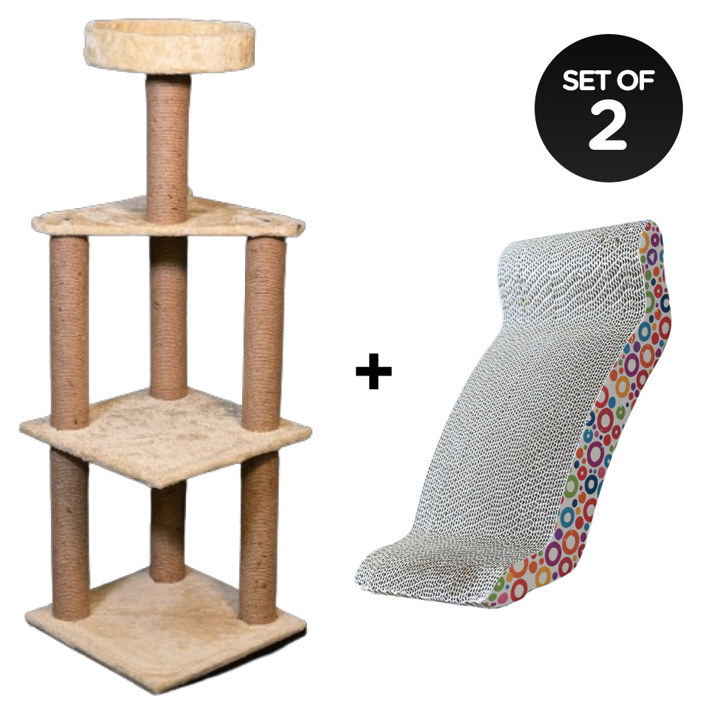 Skatrs Scratchy Wonderland Jumbo Multi Level Cat Tree with Sisal Posts Toy and Whisker Wonder Cat Scratcher with 2g Premium Catnip Combo