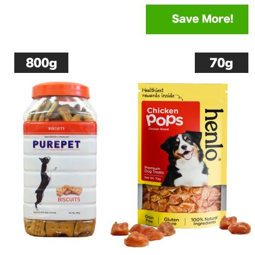 Purepet Chicken Flavour Real Chicken Biscuit and Henlo Chicken Pops Dog Treats Combo Dog Treats + Others Exclusive Combo 800g+70g