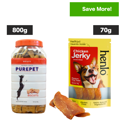 Purepet Chicken Flavour Real Chicken Biscuit and Henlo Chicken Jerky Dog Treats Combo Dog Treats + Others Exclusive Combo 800g+70g