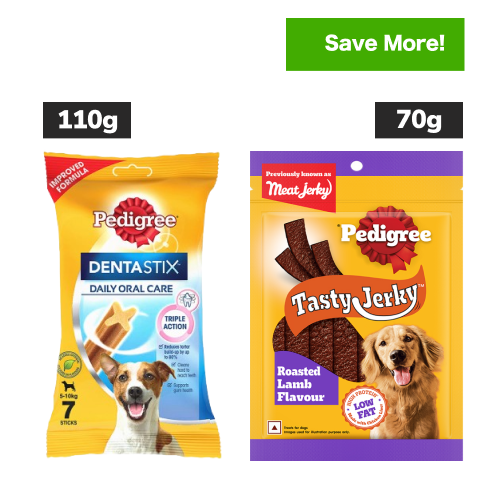 Pedigree Dentastix Oral Care for Adult (Small Breed of 5 to 10 kg) and Roasted Lamb Tasty Jerky Dog Treats Combo Dog Treats + Others Pedigree 110g (7pcs) + 70g