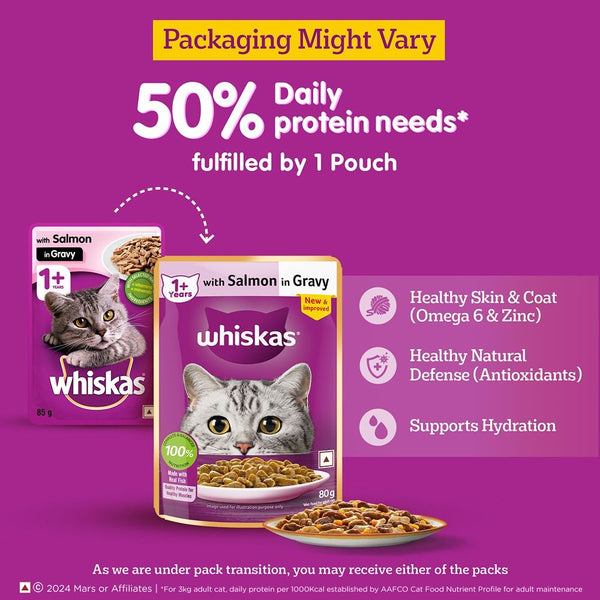Whiskas Salmon in Gravy Meal and Chicken With Salmon Wakame Seaweed in Gravy Tasty Mix Adult Cat Wet Food Combo