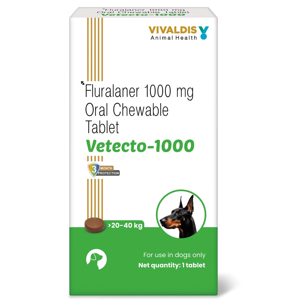 Vivaldis Vetecto 1000 (Fluralaner) chewable Tick & Flea tablet for Dogs (1 Chewable tab) Dogs-Pharmacy Vivaldis Pharmacy 20kg - 40kg (1 Tab)