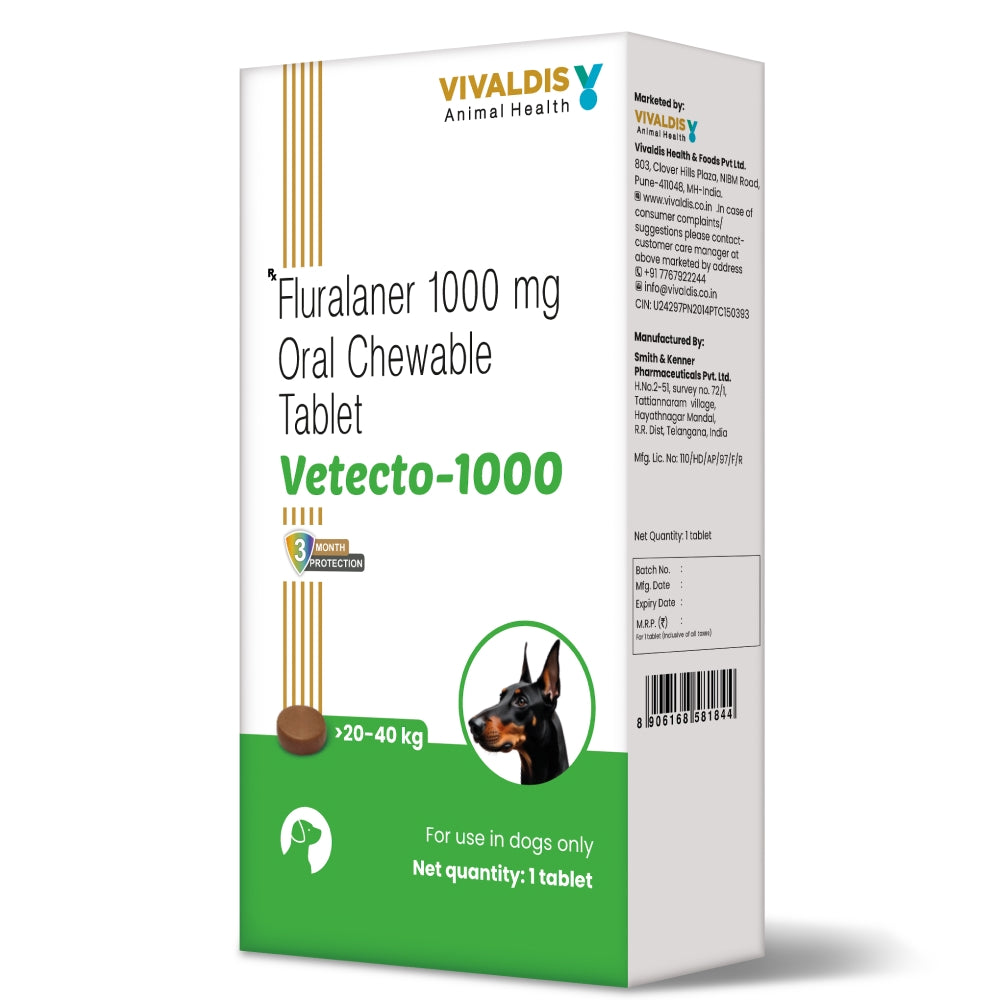Vivaldis Vetecto 1000 (Fluralaner) chewable Tick & Flea tablet for Dogs (1 Chewable tab) Dogs-Pharmacy Vivaldis Pharmacy